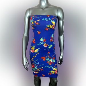 Strapless Royal Blue BodyCon Floral Knee Length Dress